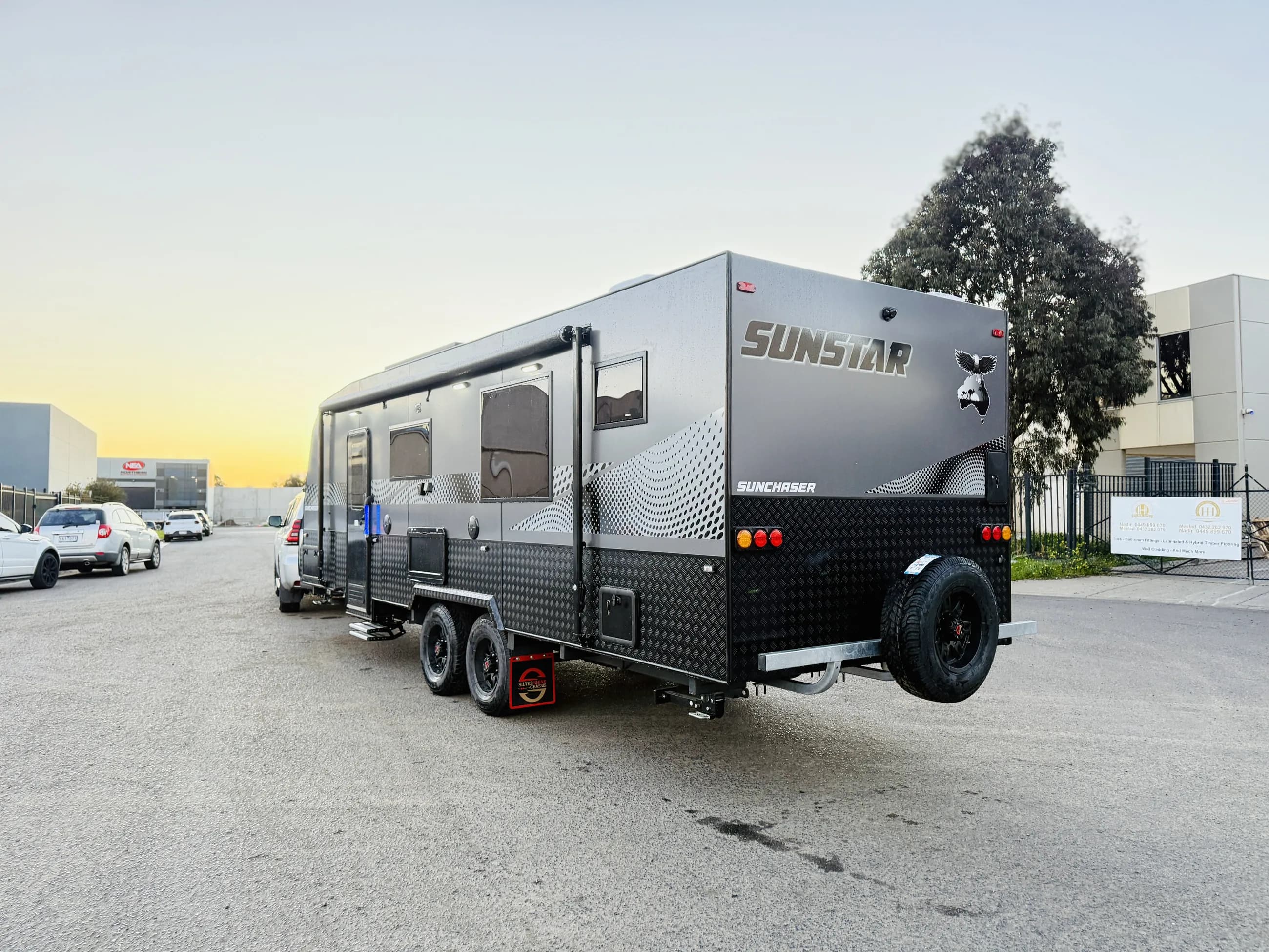 Sunstar Sunchaser 2025 caravan hitched and ready to tour at golden hour
